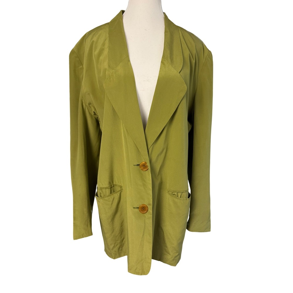 SK & Company Vintage 100% Silk Blazer Chartreuse Green Size 16 Jacket Longline